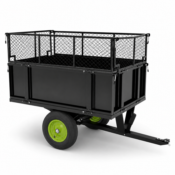 Gartenanhänger mit Gitteraufsatz und zwei Rädern für den Transport von Gartenabfällen.
