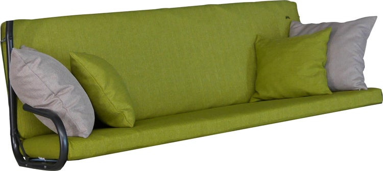Grüne Auflage für Hollywoodschaukel mit Rückenkissen, Sitzkissen und vier Dekokissen aus Textil.