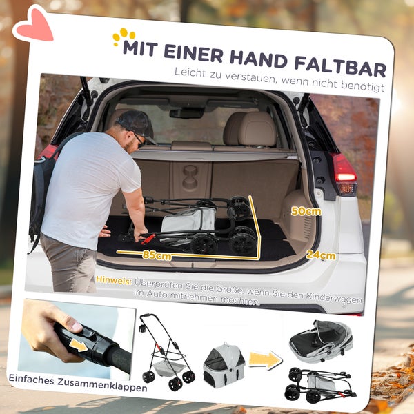 PawHut Hundewagen 3 in 1 Hundebuggy Faltbar Hundebox, klappbar Transporttasche mit Getränkehalter, Hunde Buggy, Katzenwagen mit 360° Räder Katzenbuggy für Mini Hunde unter 4 kg, Hellgrau