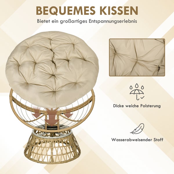 Papasan Sessel mit drehbarem Gestell in Rattan-Optik, dicker weicher Polsterung und wasserabweisendem Stoff.