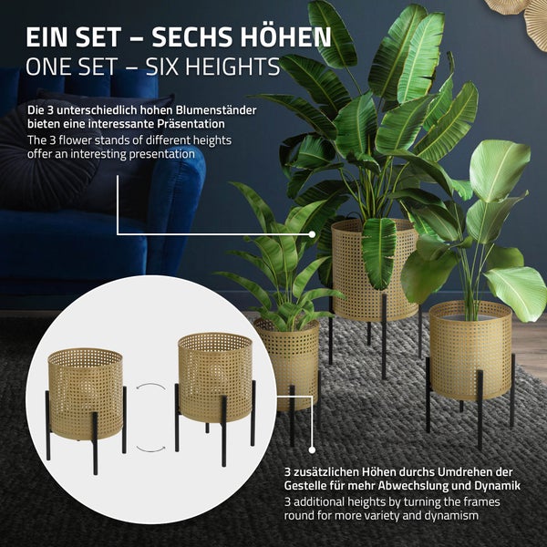 ML-Design Blumenständer 6er Set Schwarz-Gold, aus Stahl, Metall Pflanzenständer, Blumentopfständer mit Übertopf, Blumentopfhalter 6-tlg, Pflanztopf Dekoständer Blumensäule Blumenhocker Pflanzenhocker