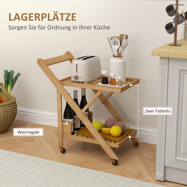 HOMCOM Küchenwagen Servierwagen mit Weinregal, Arbeitsplatte, 2 Ebenen, Rollwagen für Büro, Küche, Wohnzimmer, 66 x 40 x 70 cm, Bambus, Natur