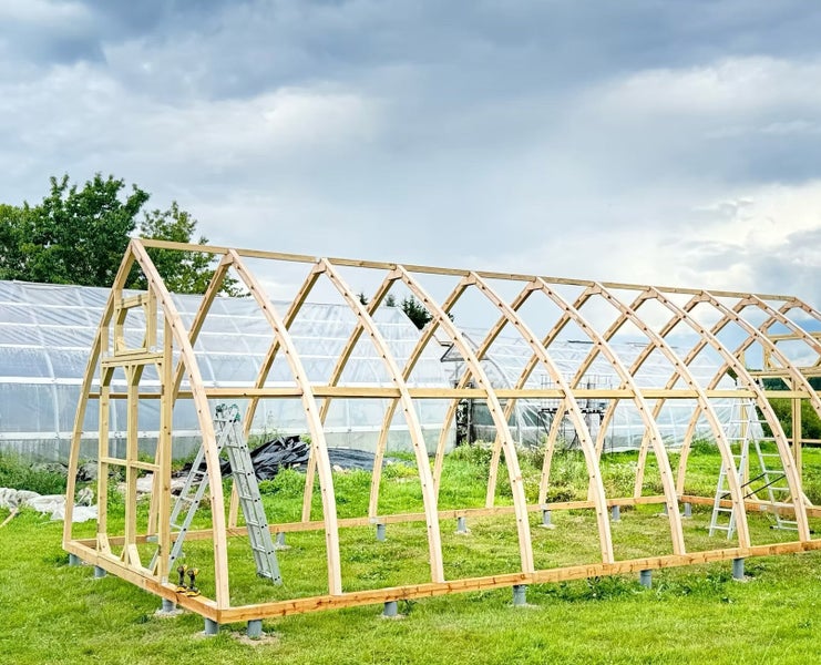 Holzskelett eines großen Gewächshauses im Aufbau auf einer Wiese mit Leitern und Werkzeug.