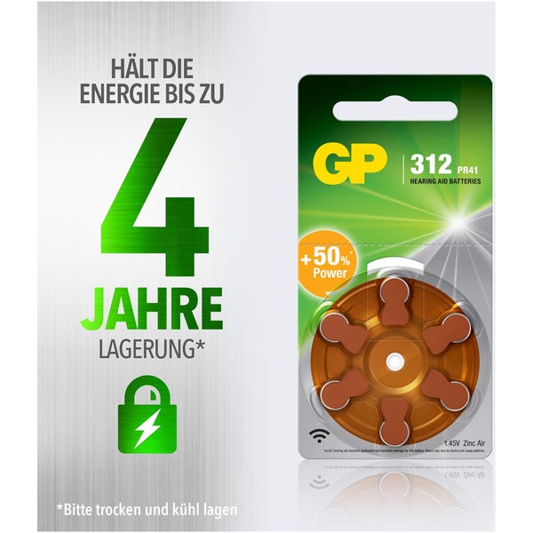ZA312 GP Zink-Luft Hörgerätebatterie 1,4V 6 Stück