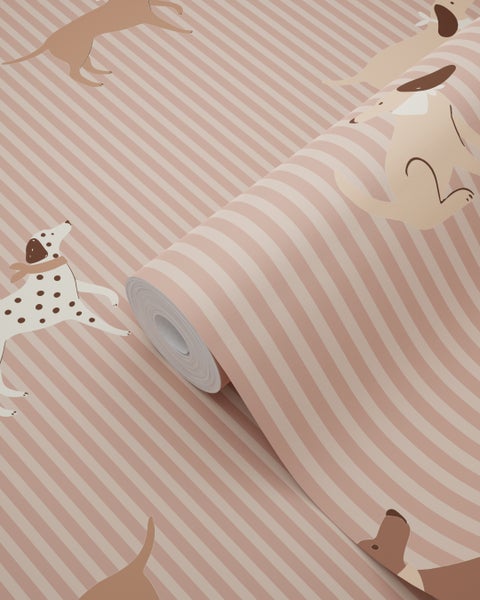 Tapetenrolle mit Streifen und Hundemotiv