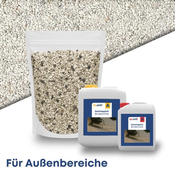 Steinteppich-Set für Außenbereiche mit Natursteinen und zwei Kanistern Epoxidharz-Bindemittel.
