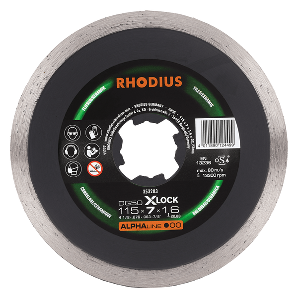 RHODIUS Diamanttrennscheibe DG50 X-LOCK, 1 Stück, 115 x 7,0 x 1,6 x 22,23 mm für Fliesen/Keramik, ALPHAline