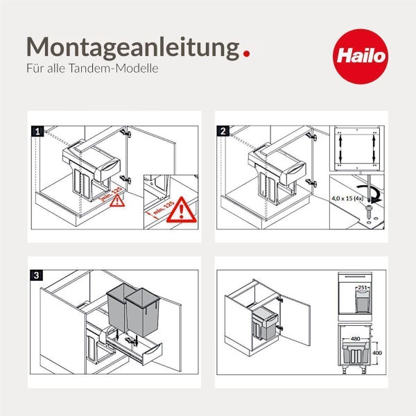 Montageanleitung für Hailo Tandem Abfallsammler mit Installationsschritten, Maßangaben in Millimeter und Hailo Logo.