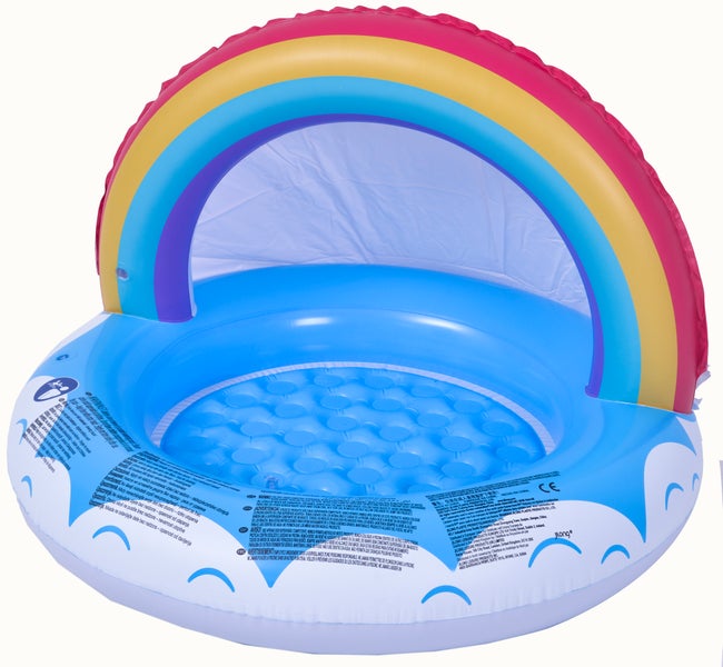 Aufblasbares Kinderplanschbecken mit Regenbogen Sonnendach und gepolstertem Boden