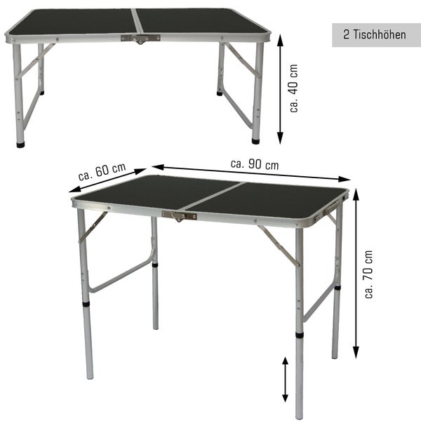 AMANKA klappbarer höhenverstellbarer Campingtisch 90x60x70 cm inkl. 2 Falthocker Campingtischset Kofferformat Dunkel Grau