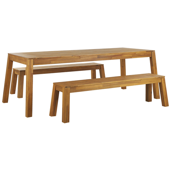 Gartentischgruppe aus Holz mit Tisch und zwei Bänken