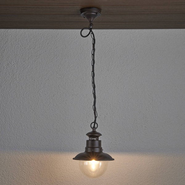 Hängeleuchte mit transparentem Glasschirm und Metallelementen