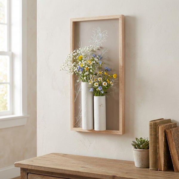 Wandvase aus Holzrahmen mit zwei Keramikröhren, bestückt mit frischen Wildblumen, präsentiert an einer Wohnzimmerwand.
