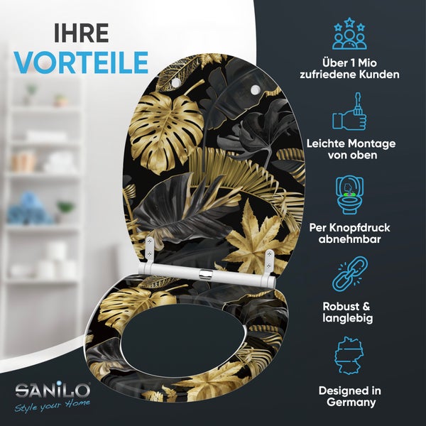 Sanilo WC Sitz mit tropischem Blattmotiv in Schwarz und Gold inklusive Montagevorteilen und Produktmerkmalen