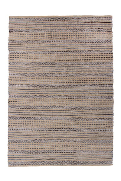 Rechteckiger Flachgewebe-Teppich in Beige mit horizontalen Streifen und geometrischen Mustern in Blau und Schwarz.