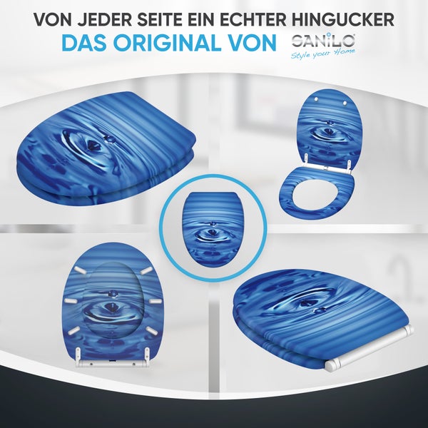 Sanilo WC Sitz mit Wassertropfen Motiv in verschiedenen Perspektiven dargestellt, mit Sanilo Logo.