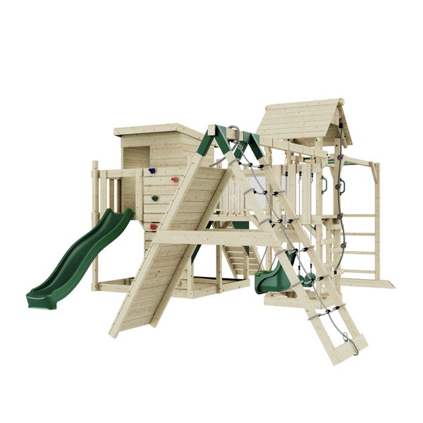 Spielturm mit Rutsche, Kletterwand, Schaukel und Kletternetz für den Garten