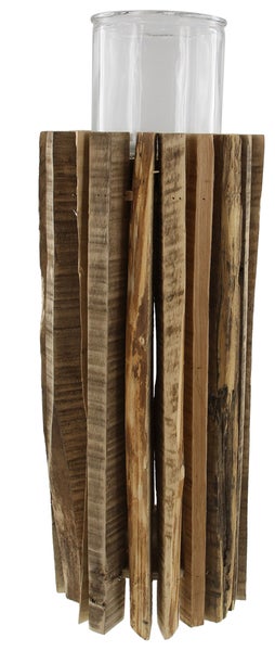 FRANK FLECHTWAREN | Windlicht Stakete, groß, HOLZ, Ø 18 x 55 cm, Glas Ø 12 x 12 cm, ohne Kerze