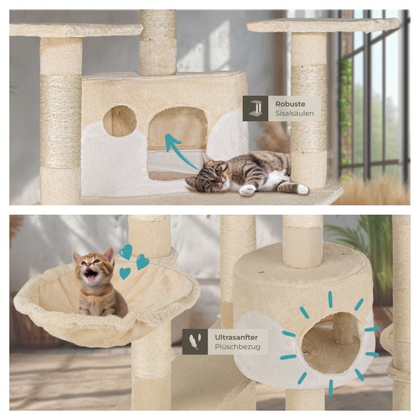 Katzenkratzbaum mit Liegeflächen, Sisalsäulen und Plüschbezug