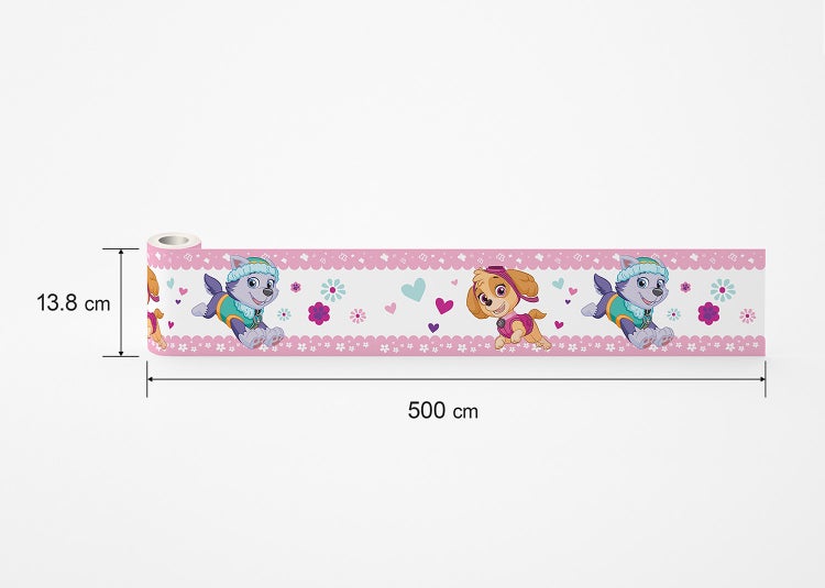 Tapetenbordüre mit Paw Patrol Motiv, Everest und Skye, 13,8 Zentimeter hoch und 500 Zentimeter lang.