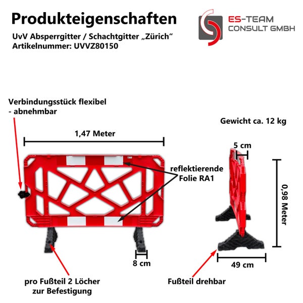 Absperrgitter, Schachtabsperrung rot mit Reflexfolie 1500x1000mm PVC-Drehbare Füße / 1 Stück / weißes Gitter