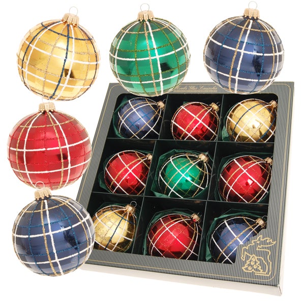 Glaskugelsortiment Karo (Tartan Weihnachten), Rot/Gold/Dunkelblau/Grün Glanz/Satin, 9-teilig, 8cm, 9 Stck., Weihnachtsbaumkugeln, Christbaumschmuck, Weihnachtsbaumanhänger