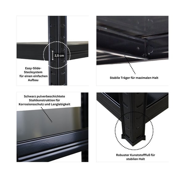 Detailansicht eines schwarzen Steckregals mit einfacher Montage, stabiler Konstruktion und robusten Kunststofffüßen.
