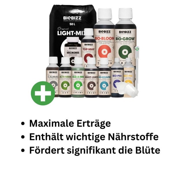 BioBizz Light-Mix Erde-Set Big All Extrem – 50L Bio-Erde + Vollständiges Dünger- & Zusatzstoff-Set mit Grow, Bloom, Microbes, pH Plus/Minus, Top-Max & mehr – inkl. Pipette für perfektes Pflanzenwachstum