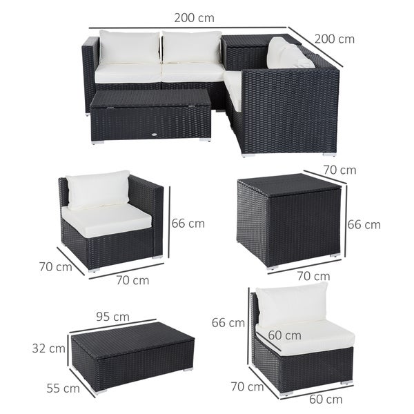 Outsunny 6 tlg. Polyrattan Gartenmöbel Set Sitzgarnitur mit Kissen Sitzgruppe Gartenset Sofagarnitur Lounge Tisch mit Stauraum Stahl Luxus Schwarz+Creme