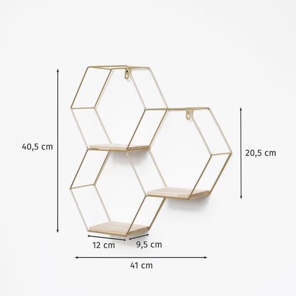 Dreifach sechseckiges Wandregal aus Metall - 40,5 x 41 cm - Gold