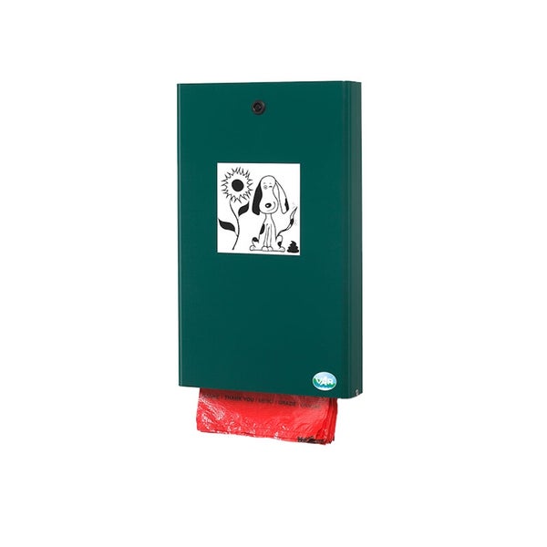Grüner Hundekotbeutelspender aus Metall zur Wandmontage mit Hundemotiv, roten Beuteln und VAR Logo.