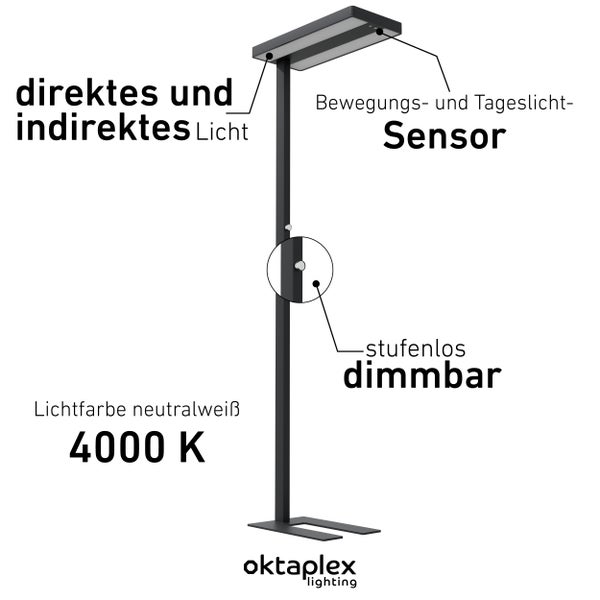 LYSE Stehleuchte dimmbar neutralweiß 4000K Büro Stehlampe 10400lm Tageslicht Deckenfluter schwarz 80W optimale Arbeitsplatzbeleuchtung