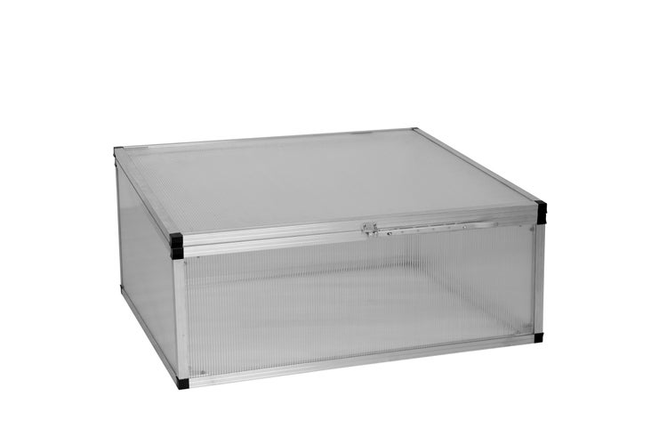 Rechteckiges Frühbeet mit Aluminiumrahmen und transparenten Doppelstegplatten.