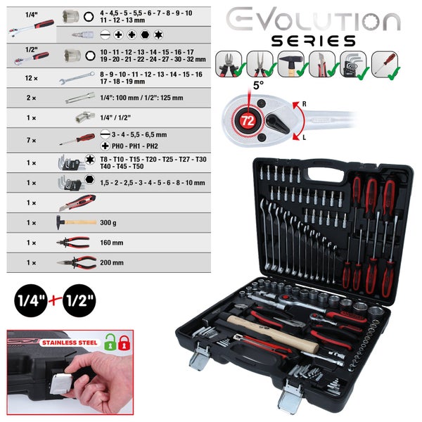 Werkzeugkoffer mit verschiedenen Werkzeugen wie Schraubenschlüssel, Hammer und Zangen