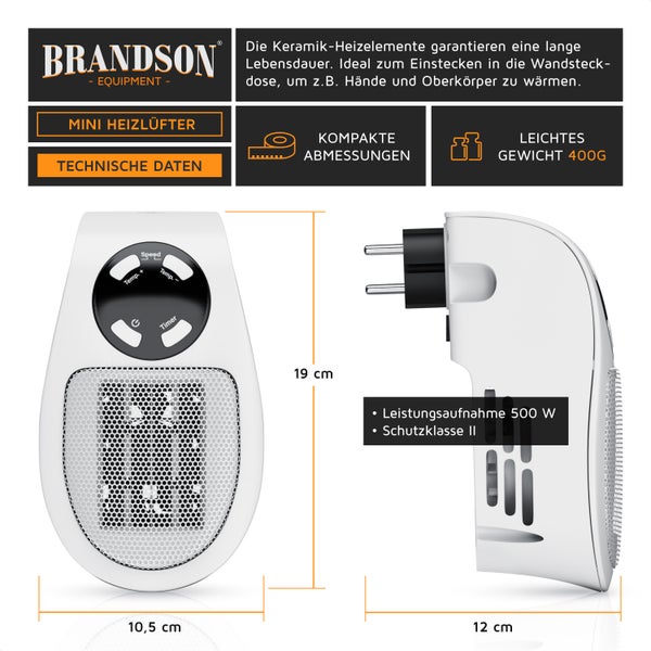 Brandson Steckdosen Heizlüfter, 500W Mini Heizung mit Temperaturregelung & Fernbedienung, Überhitzungsschutz, Automatische Abschaltung, Weiß