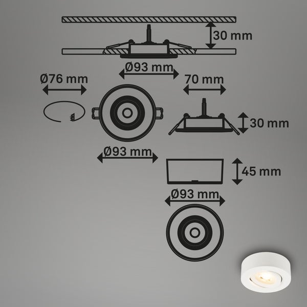 Maße für runden LED-Einbaustrahler: Durchmesser 93 Millimeter, Einbautiefe 30 Millimeter, Lochausschnitt 76 Millimeter und Höhe 45 Millimeter.