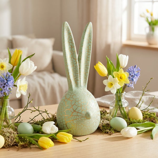 Osterhasen Dekofigur mit Rissoptik als Tischdekoration umgeben von Frühlingsblumen und Ostereiern auf einem Holztisch.