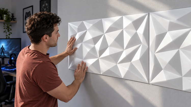 Ein Mann montiert dreidimensionale Wandpaneele mit geometrischem Muster an einer Innenwand in einem modernen Wohnraum.