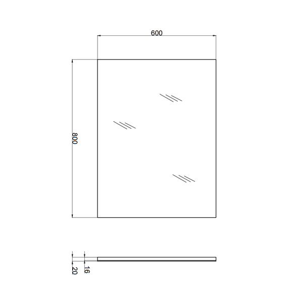 Technische Zeichnung eines rechteckigen Spiegels mit den Maßen 600 x 800 mm.