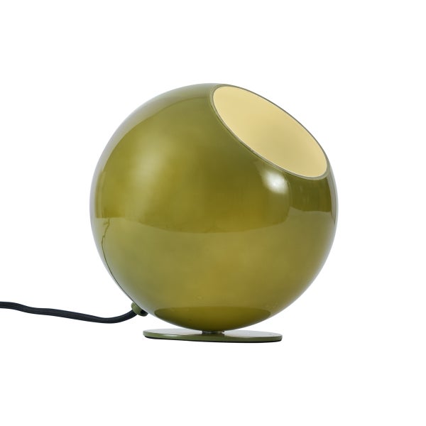 Kugelförmige Tischleuchte aus Metall in Olivgrün mit schräger Öffnung.