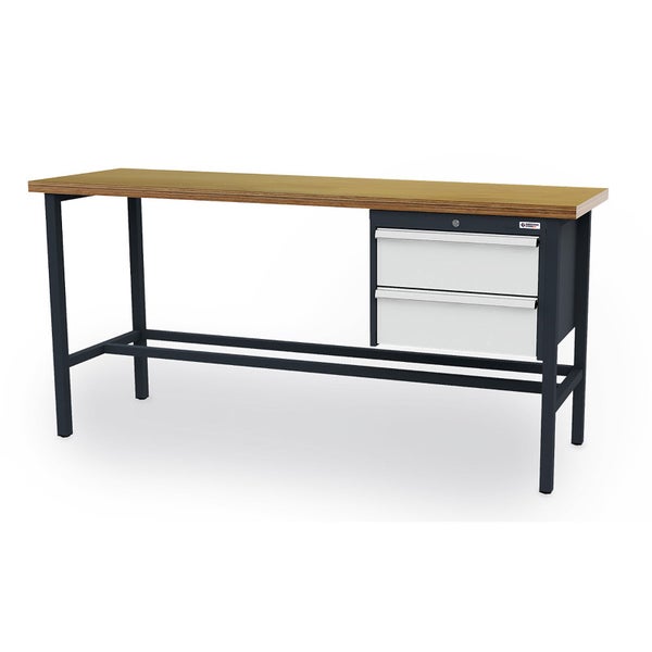Werkbank mit Holzplatte, Metallgestell und zwei abschließbaren Schubladen.