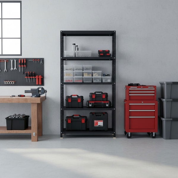 Organisierte Werkstatt mit schwarzem Metallregal, Werkzeugkoffern, Holzwerkbank mit Schraubstock, Lochwand und rotem Werkzeugwagen.