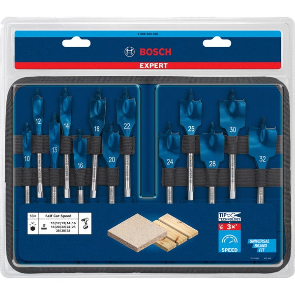 Bosch Expert SelfCut Speed Flachfräsbohrer-Set, 13-teilig, in einer Stofftasche.