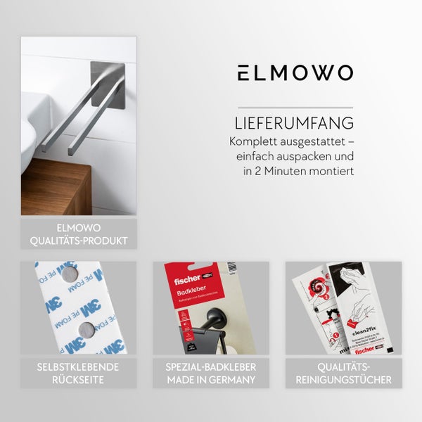 ELMOWO Handtuchhalter Lieferumfang mit selbstklebender Rückseite, fischer Badkleber und Reinigungstüchern für einfache Montage im Badezimmer.