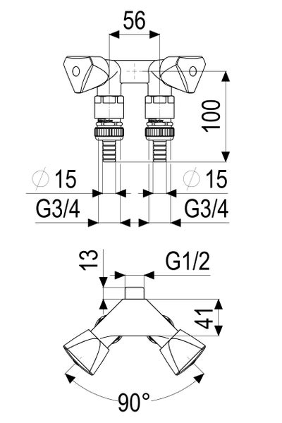 Maßzeichnung für einen Zwei-Wege-Verteiler mit G 3/4 Zoll Abgängen und G 1/2 Zoll Eingang sowie einem 90 Grad Winkel