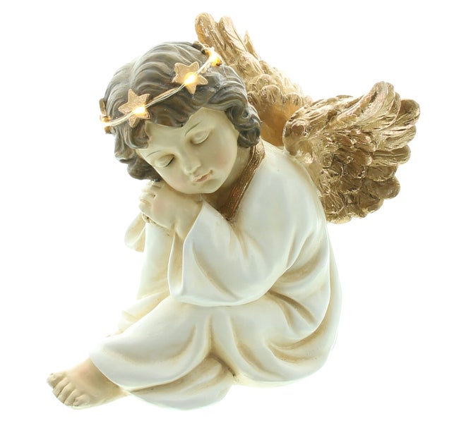 FRANK FLECHTWAREN | LED-Engel Lichterkranz, sitzend, 19 x 15 x 18 cm, POLYRESIN, KUNSTSTOFF