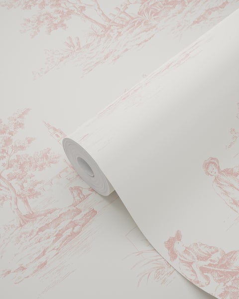 Tapetenrolle mit Toile-de-Jouy-Muster, ländliche Szenen mit Figuren und Bäumen in Rosa.