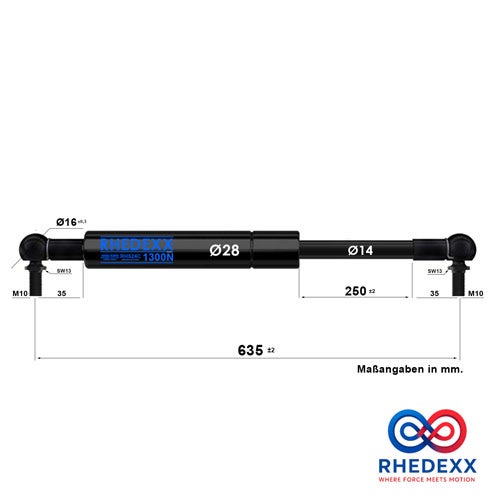 RHEDEXX Gasdruckfeder, 1300 Newton. Maße in Millimeter: Länge 635, Hub 250, Zylinder 28, Kolbenstange 14, Anschluss M10. RHEDEXX Logo.