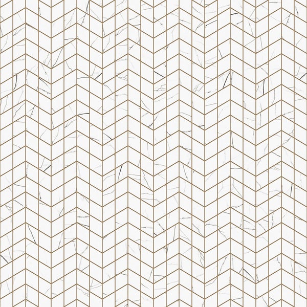 Tapete mit Marmoroptik und geometrischem Chevron-Muster in Weiß mit goldfarbenen Akzenten.