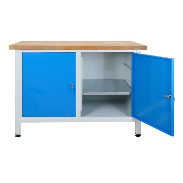PROREGAL Werkbank Rhino mit 2 Türen HxBxT 84 x 120 x 60 cm Traglast 300 kg Lichtgrau Blau